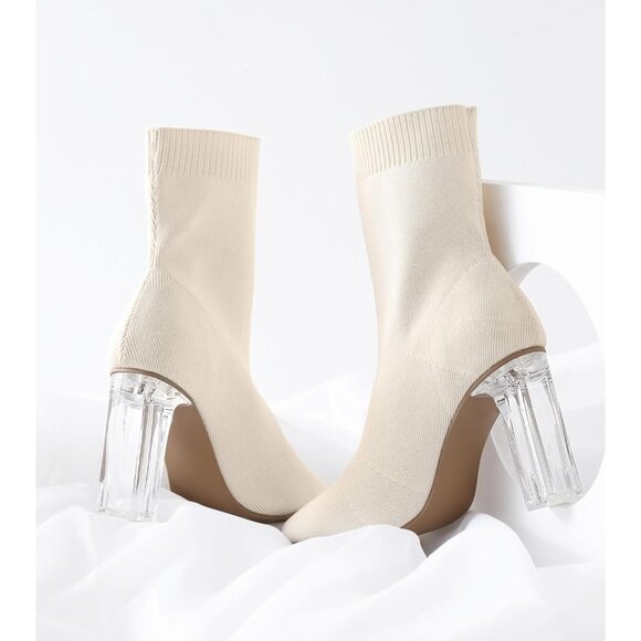 Women's Beige Knit Sock Pointed Toe Clear Mid Heel Slip-on Stretch Booties - Picture 5 of 7